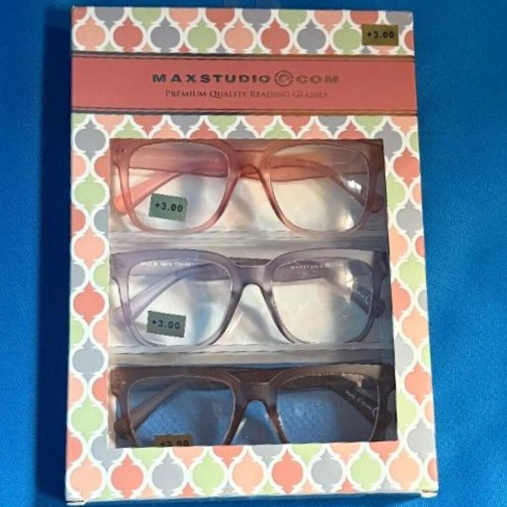 MAX STUDIO 3 PAIRS PREMIUM READING GLASSES  +3.00   1 PINK + 1 LAVENDER + 1 FAWN